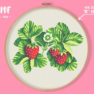 Strawberry Plant Cross Stitch Pattern, Cute Realistic Berry Embroidery, Gardening Floral Needlepoint, Green Leafs xstitch country core