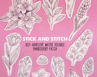 Flores Stick And Stitch 2, Transferências de bordado solúveis em água, Bordado removível com remoção e colagem, Estabilizador de decoração de roupas dissolvido