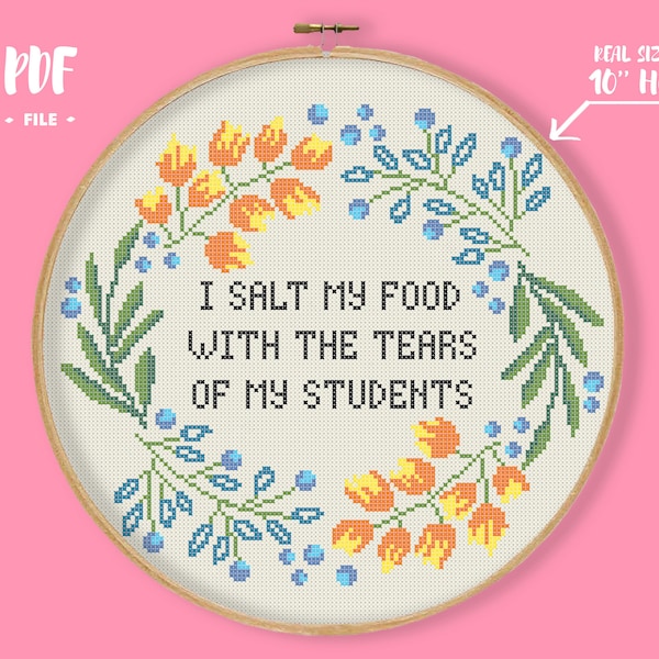 I Salt My Food With The Tears Of My Students Cross Stitch Pattern, teacher gift embroidery, professor present, funny school college decor