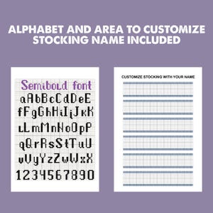Op de afbeelding: Een kruissteekpatroonblad met een semibold alfabet in zwart op een wit raster, inclusief hoofdletters, kleine letters en cijfers 0-9. Een apart rastergebied is voorzien van de tekst CUSTOMIZE STOCKING WITH YOUR NAME.