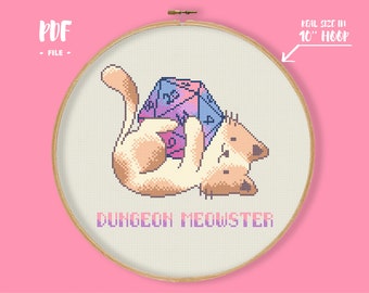 Dungeon Meowster Cross Stitch Pattern, DnD Cat Master Embroidery, D20 Pastel Needlepoint, Gamer Cat Xstitch, Gamer Pun Stitch Geek Nerdy diy