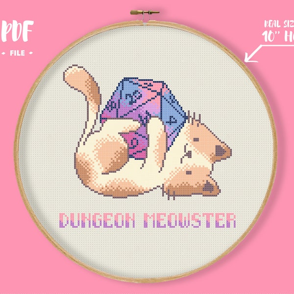 Dungeon Meowster Cross Stitch Pattern, DnD Cat Master Embroidery, D20 Pastel Needlepoint, Gamer Cat Xstitch, Gamer Pun Stitch Geek Nerdy diy