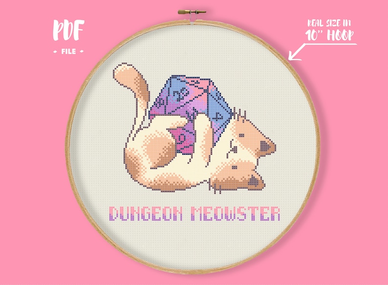 Dungeon Meowster Cross Stitch Pattern, DnD Cat Master Embroidery, D20 Pastel Needlepoint, Gamer Cat Xstitch, Gamer Pun Stitch Geek Nerdy diy image 1