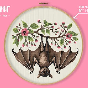 Hanging Bat Cross Stitch Pattern, Gothic Embroidery, Realistic Bat with Flowers Needlepoint, Gothic Halloween Xstitch Chart,
