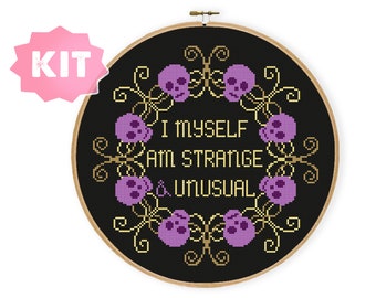 Jag själv konstig och ovanlig korsstygnskit, skräckfilmcitatbroderi, gotisk kultfilmshandarbete Xstitch obehagligt goth