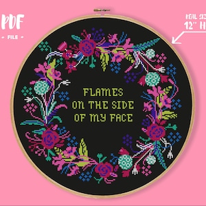 Flames Cross Stitch Pattern, Movie Embroidery, Quote Pattern Needlepoint, Floral Wreath Black Aida Xstitch