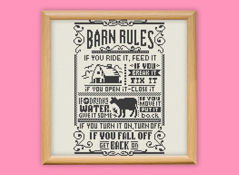 Barn Rules Cross Stitch Pattern, Text Sampler Embroidery, Monochrome ...