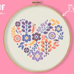 Floral Heart Cross Stitch Pattern, Flowers Plants Embroidery, Colorful Nature Needlepoint, Cute Easy Xstitch Violet Orange flowers Xstitch