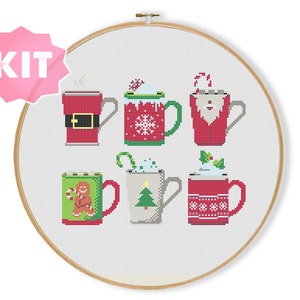 Christmas Mugs Cross Stitch Kit, Holiday Cacao Coffee Cup Embroidery, Santa Rudolf and Gingerbread Man Xstitch, Small Holiday Craft