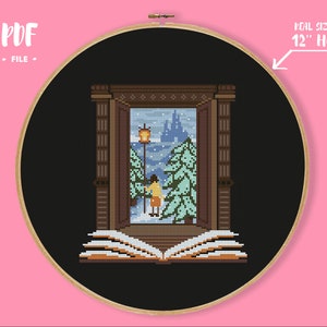 May include: Cross-stitch pattern of a winter scene viewed through an open doorway, framed by a wooden embroidery hoop. The scene includes a person, snow-covered trees, and a castle. The text "PDF FILE" is at the top. The hoop is 12 inches in diameter.