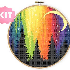 Colourful Night Sky Cross Stitch Kit, Norther Lights Rainbow Colours Embroidery, Aurora Forest Trees, Croissant Moon Xstitch Kit Nature