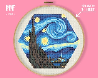 Hex-art Van Gogh Starry Night Cross Stitch Pattern, Masterpiece Painting Embroidery, Artist Home Gallery Needlepoint, Fine Art Xstitch Tiny