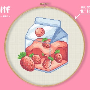 Strawberry Juice Cross Stitch Pattern, Cute Soda Fruit Embroidery, Drink Box Pastel Color Needlepoint, Kawaii Fruit Kitchen Xstitch beginner