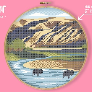 Theodore Roosevelt National Park Cross Stitch Pattern, Bisons In The River Embroidery, Mountains Forest Needlework, Modern Xstitch Landscape