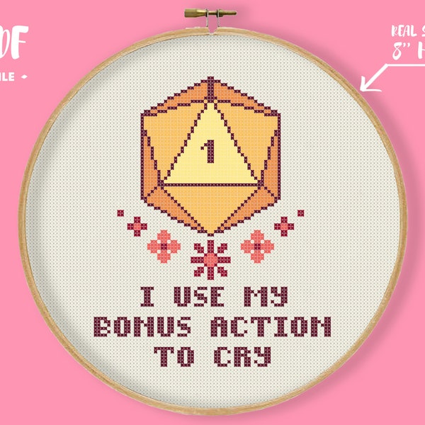 DnD Dice Bonus Action Cross Stitch Pattern, Dungeons and dragons embroidery, D20 gamer gift Geek nerd game modern chart rpg xstitch