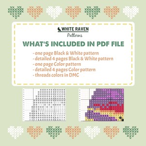 以下が含まれることがあります： White Raven Patternsのデジタルクロスステッチパターン。画像には、PDFファイルに含まれる内容のリストと、白黒とカラーパターンの例が含まれています。デザインはハートのモチーフが特徴です。