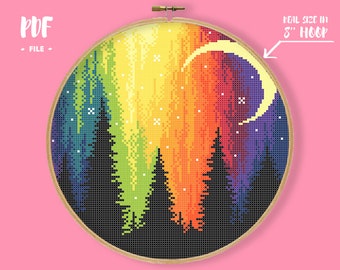 Colourful Night Sky Cross Stitch Pattern, Norther Lights Rainbow Colours Embroidery, Aurora Forest Trees, Croissant Moon Xstitch Chart