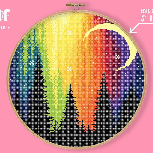 Colourful Night Sky Cross Stitch Pattern, Norther Lights Rainbow Colours Embroidery, Aurora Forest Trees, Croissant Moon Xstitch Chart