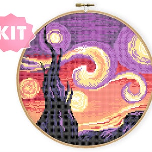 Van Gogh Starry Night Cross Stitch Kit, Clasical Painting Reproduction Embroidery, Vincent Sunflowers Violet Sky Xstitch Chart Fine Art