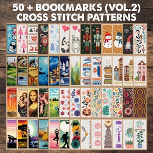 以下が含まれることがあります： 50+ BOOKMARKS (VOL.2) CROSS STITCH PATTERNSと題された、50種類以上のクロスステッチ用ブックマーク図案集。動物、風景、花柄、有名な絵画、幾何学模様など、多彩なデザインが色とりどりに並んでいます。