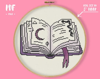 Witch Book Cross Stitch Pattern, Spell Witchcraft Embroidery, Wizard Decor Needlepoint, Celestial Magic Xstitch Book Goth Wall DIY
