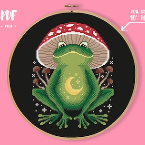 Mushroom Frog Cross Stitch Pattern, Cottagecore Embroidery, Forest Animal Needlepoint, Goblincore Decor, Celestial Witchy Xstitch Chart