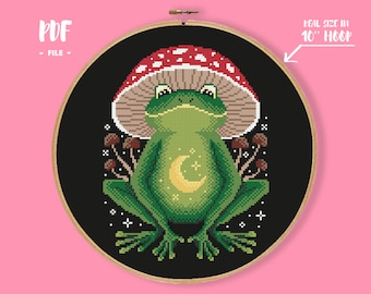 Mushroom Frog Cross Stitch Pattern, Cottagecore Embroidery, Forest Animal Needlepoint, Goblincore Decor, Celestial Witchy Xstitch Chart