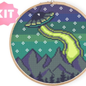 UFO Cross Stitch Kit, Alien Abduction Mountains Nature, Starry Night Embroidery, Landscape Space Ship, I want to believe Scifi