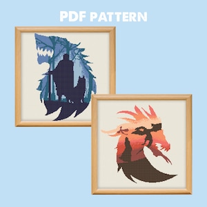 May include: Two framed cross-stitch patterns. One features a silhouette of a figure with a sword, a wolf, and a forest in shades of blue. The other depicts a dragon's head in shades of orange and brown. The text "PDF PATTERN" is at the top.