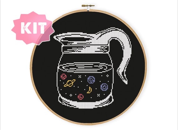Space Coffee Cross Stitch Kit, Astronomy Embroidery, Magical Drink, Coffee Person Gift Witch Brew Needlework Planets Stars Astro Xstitch