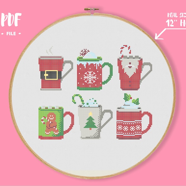 Christmas Mugs Cross Stitch Pattern, Holiday Cacao Coffee Cup Embroidery, Santa Rudolf and Gingerbread Man Xstitch, Small Holiday Craft