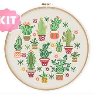 Kit de punto de cruz de cactus, bordado de suculentas, plantas para decoración del hogar, clorofila verde, gráfico moderno, divertido y fácil para principiantes.