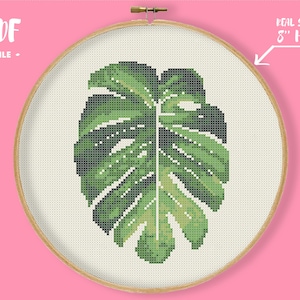 Leaf Cross Stitch Pattern, Palm Monstera Botanic Embroidery, Plants Tropical  jungle Botanical Green, Floral cross stitch, home needlecraft