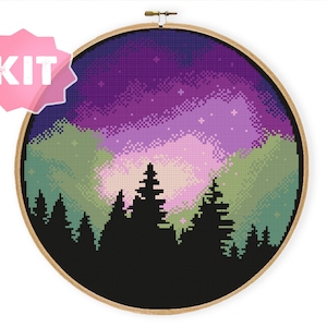 Northern Lights Cross Stitch Kit, Nature Starry Sky Embroidery, Aurora Finland trees camping modern landscape abstact forest wild