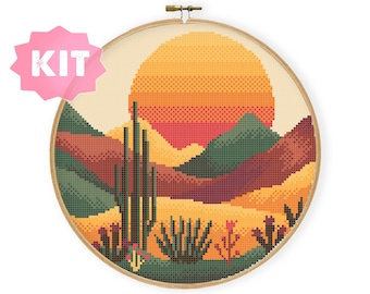 Round Desert Nature Cross Stitch Kit, Landscape Embroidery, National Park Saguaro Cactus Needlepoint, Sunset Xstitch Cacti ChartK