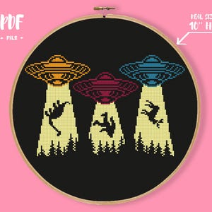 UFO Dino Cross Stitch Pattern, Funny Aliens Space Embroidery, I want to believe Needlepoint, Colourful Abduction Xstitch Chart