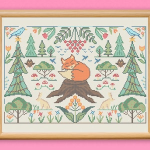 Waldmuster Kreuzstich Stickmuster, Stickmuster Fuchs Eule Hase Bäume Sträucher Blumen Pilze Beeren Handarbeiten, Xstitch diy