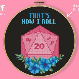 That's How I Roll: kruissteekpatroon, D20-borduurwerk, roze dobbelstenen xstich, RPG-spelnaaldpunt, cadeau meisje, gamer aanwezig, rollenspel Lucky Gamer