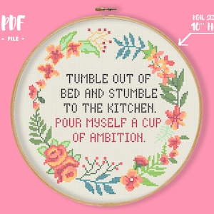 A Cup Of Ambition Cross Stitch Pattern, Funny Embroidery, Coffee Lover Gift, Song Quote Needlepoint, Funny Motivational Quote Xstitch