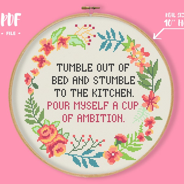 A Cup Of Ambition Cross Stitch Pattern, Funny Embroidery, Coffee Lover Gift, Song Quote Needlepoint, Funny Motivational Quote Xstitch