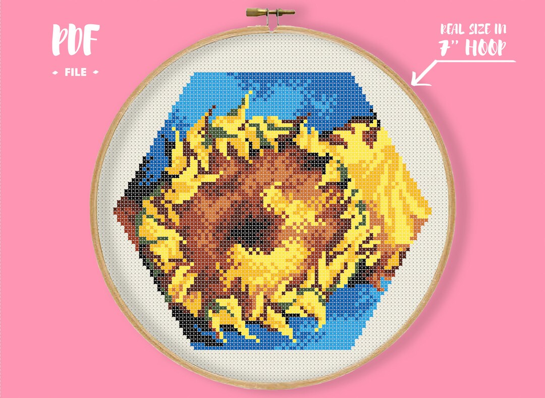Hexart Van Gogh Sunflowers Cross Stitch Pattern, Hexagon Great Famous