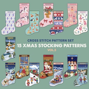 Könnte beinhalten: Eine Sammlung von 15 Kreuzstichmustern für Weihnachtsstrümpfe, die mit dem Namen Jennifer beschriftet sind. Die Designs zeigen verschiedene weihnachtliche Motive wie Einhörner, Hunde, Glocken, Nussknacker, Ballerinas, den Weihnachtsmann und Winterlandschaften.