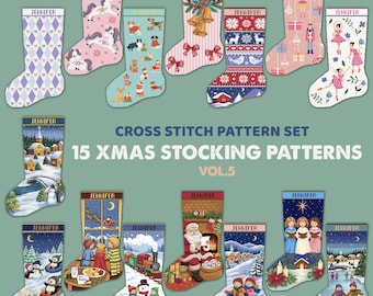 15 Christmas Stocking Set Vol.5 Cross Stitch Pattern, Santa Christmas Tree Embroider DIY, Stockings customizable name Xstitch Sampler Winter