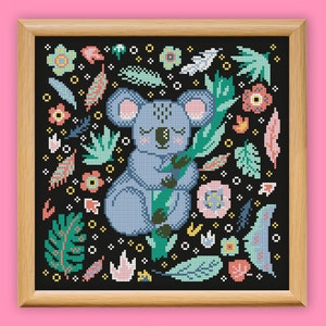 Square Koala Cross Stitch Pattern, Cute Animal Embroidery, Leafs Flowers Needlepoint, Nursery Craft Decor, Easy Xstitch Mammal DIY