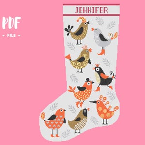 Christmas Stocking 53 Cross Stitch Pattern, Birds Christmas Eve Embroidery DIY, Stockings customizable with name, Xstitch Sampler Winter