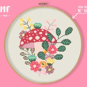 Mushroom Cross Stitch, Floral Embroidery, Fly Agaric Needlepoint, Cute Leafs and Flowers Composition, Easy pattern for beginners, craft diy