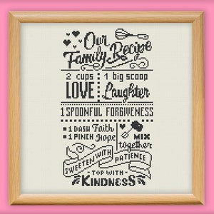 Family Recipe Cross Stitch Pattern, Wedding Embroidery, Family DIY Present, Monochrome Sampler Xstitch, One color easy counted stitch