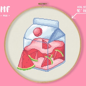 Watermelon Juice Cross Stitch Pattern, Fruit Juice Box Embroidery, Drink Modern Needlepoint, Bright Kitchen DIY, Sweet Fruits Xstitch Chart