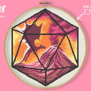 Dragon Volcano Dice Cross Stitch Pattern, DdD Embroidery, Geeky Needlepoint, Nerdy DIY Wall Decor, Role Play Inspired Xstitch Mythology