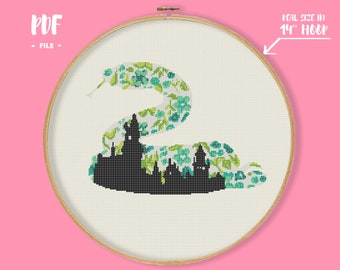 Floral Snake Cross Stitch Pattern, Magic School House Crest Embroidery, wizard fan gift, Green Snake stitch, Fantasy movie book xstitch